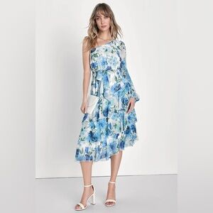 Lulus Such Sweetness Blue Floral Print Tiered Ruffled Midi Dress NWT
